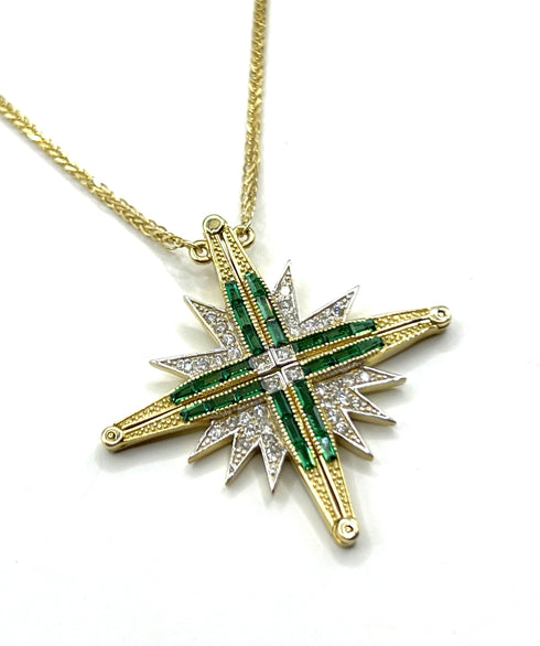 14K Gold Diamond & Emerald Star Of Bethlehem Opening Magnetic Necklace